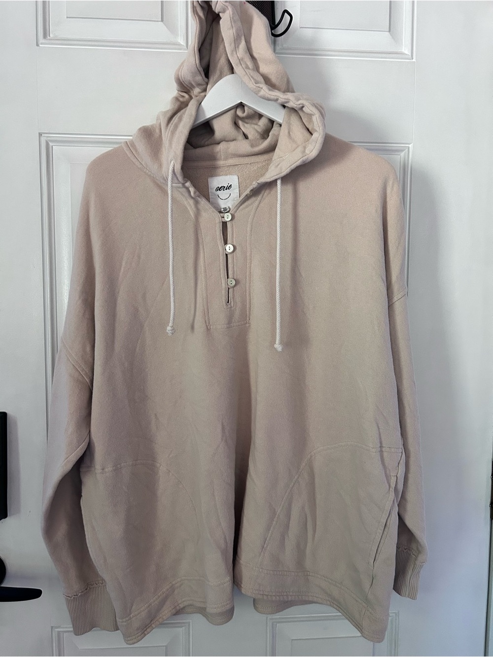 aerie Beige Hooded Henley Pullover with Kangaroo Pocket